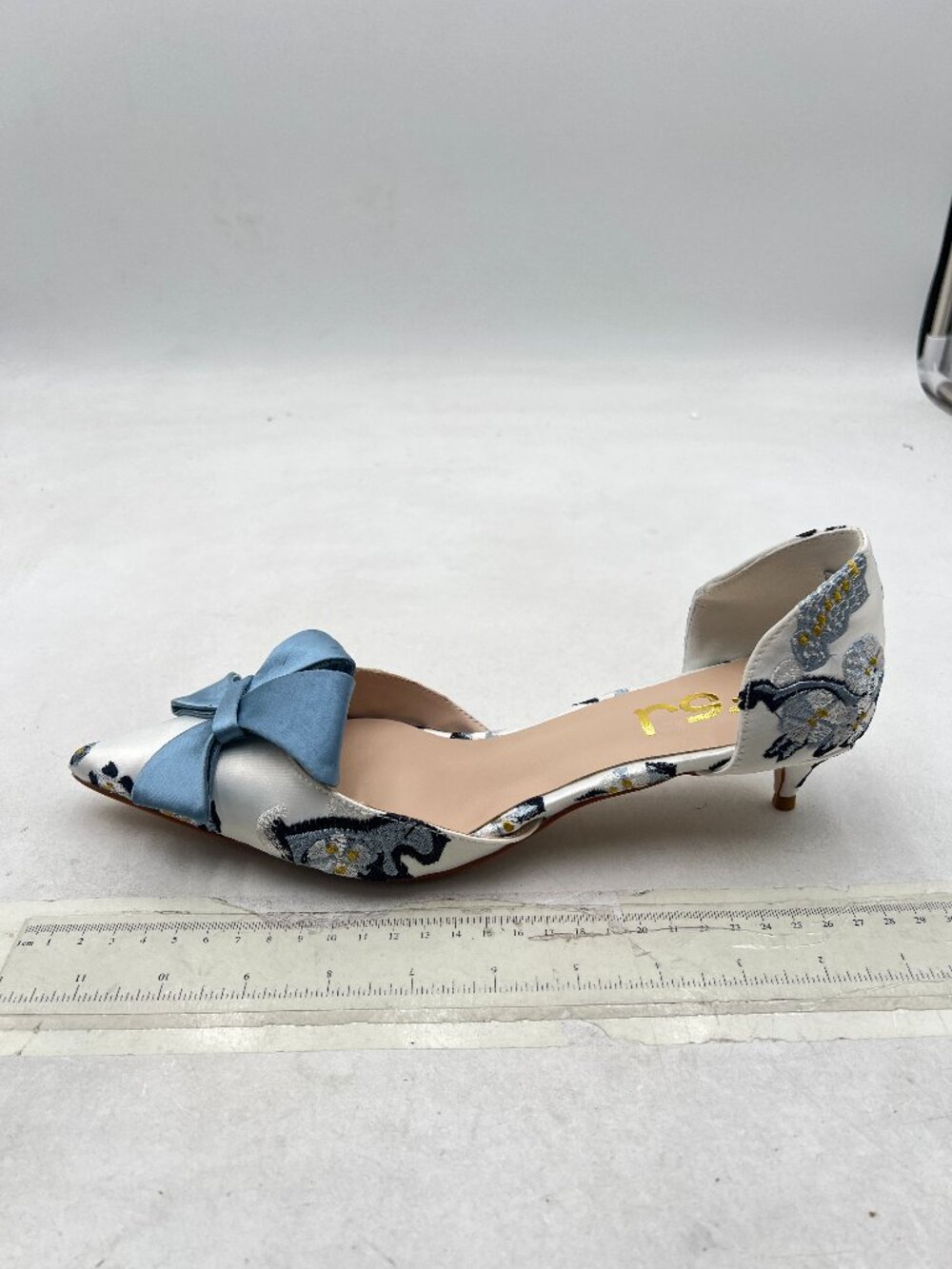 FSJ Blue Bloom Embroidery D'Orsay Kitten Heel Bridal Bowknot Pointed Toe Pumps